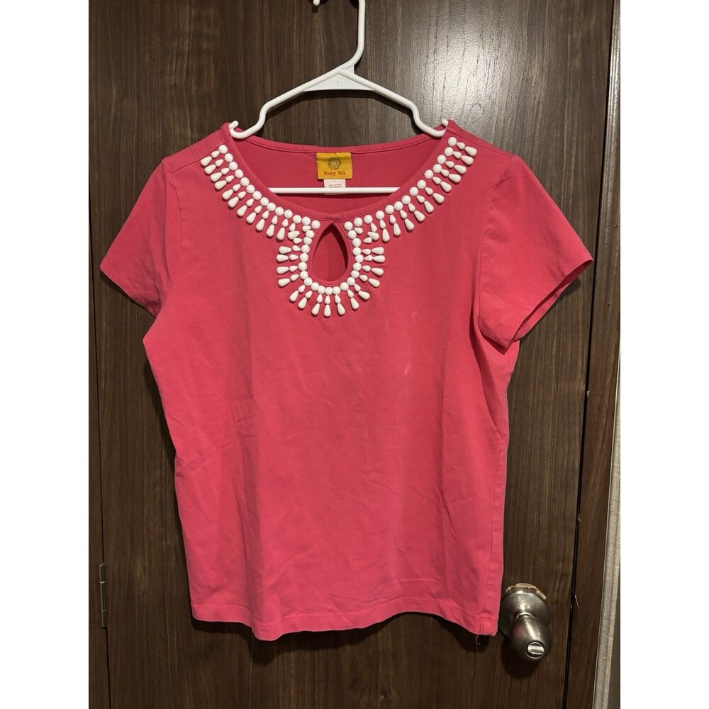 Ruby Rd. Women Pink Beaded Short Sleeve Top L